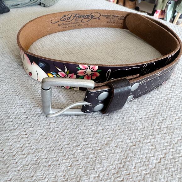 Ed Hardy Geisha Print Leather Y2K Belt - Large - Picture 1 of 6